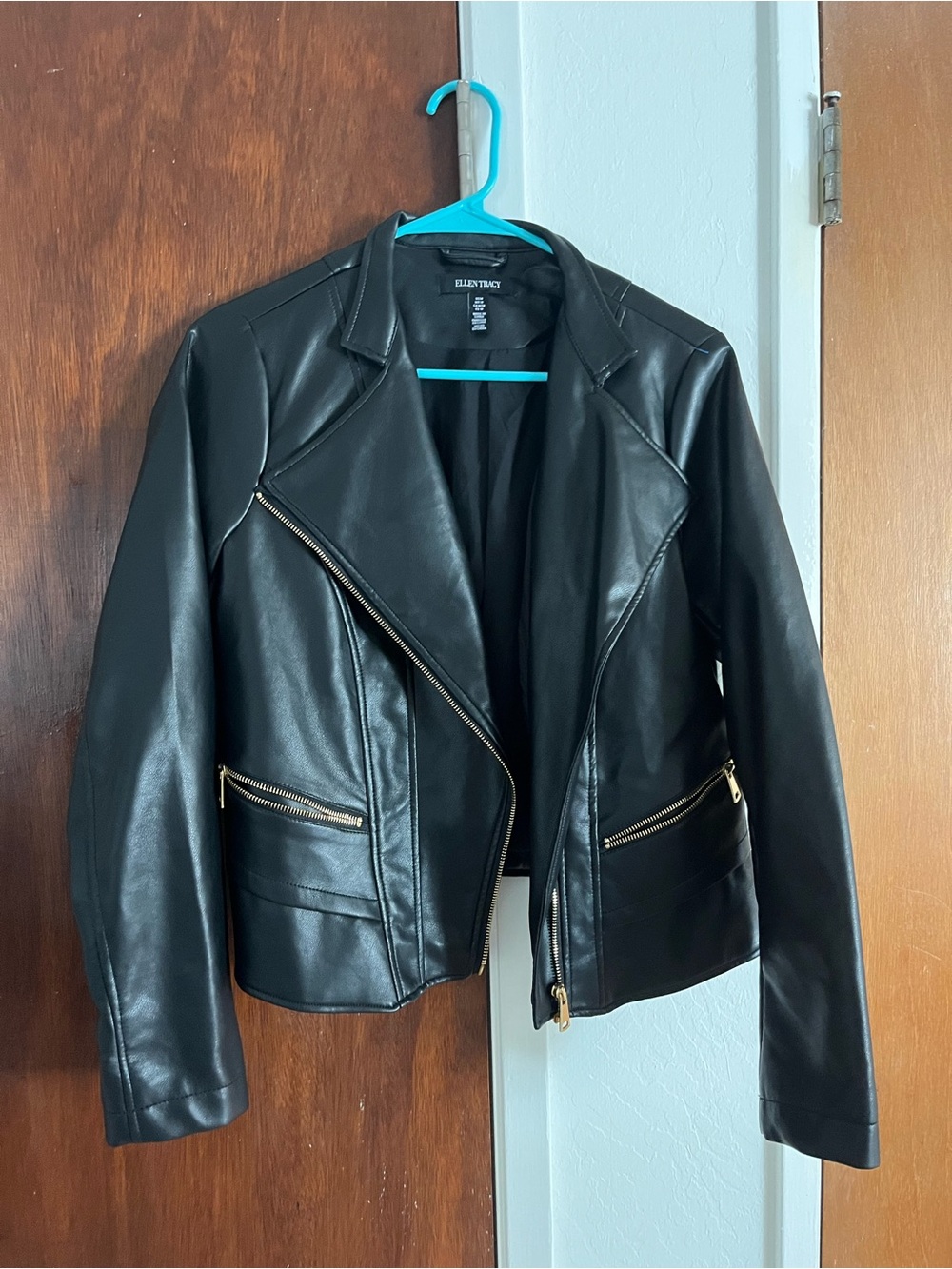 Ellen Tracy Black Faux Leather Asymmetrical Zip Jacket